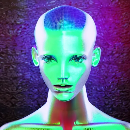 Image similar to 3d render of holographic human robotic head made of glossy iridescent, surrealistic 3d illustration of a human face non-binary, non binary model, 3d model human, cryengine, made of holographic texture, holographic material, holographic rainbow, concept of cyborg and artificial intelligence