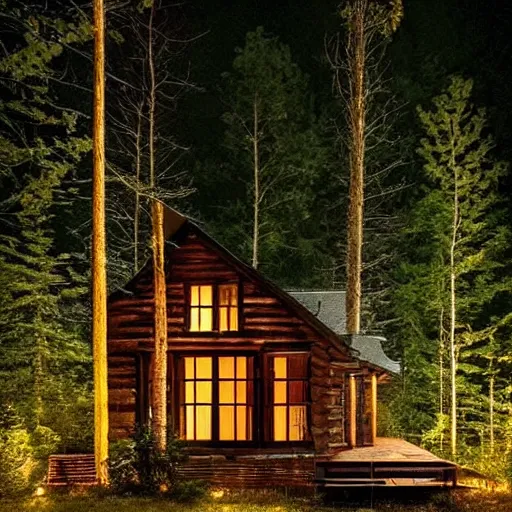 Prompt: beautifully detaild brick and dark wood cabin in the dense forest, lit by moonlight, night time, warm lights, detailed cabin in the woods