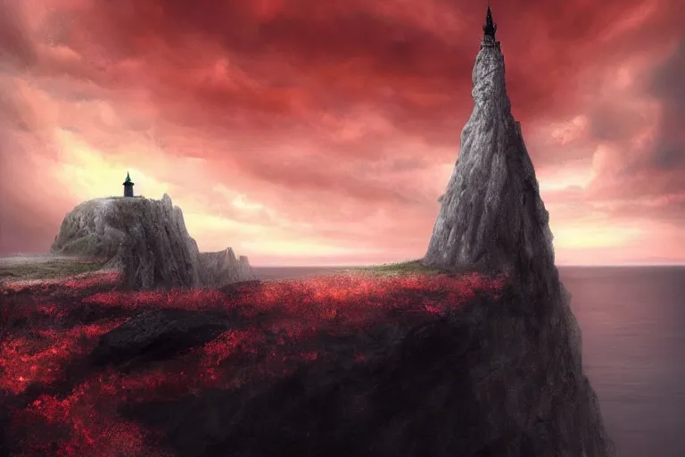 Image similar to a black stone tower on a cliff over the ocean, red sky, cloudy sky, fantasy, intricate, elegant, dramatic lighting, emotionally evoking symbolic metaphor, highly detailed, lifelike, photorealistic, digital painting, artstation, concept art, smooth, sharp focus, illustration, art by John Collier and Albert Aublet and Krenz Cushart and Artem Demura and Alphonse Mucha