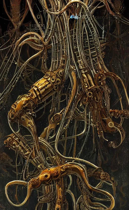 Image similar to beautiful painting of bone-masked rusty siphonophores around a balinese submerged architecture in the style of Welder Wings and H. R. Giger. Dark background, detailed, trending on Artstation