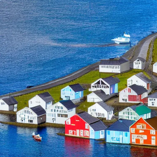 Prompt: row of houses all connected by water in aquaducts , there are boats traveling between the houses as boats are the main means of transportation is a boat on a bright sunny day in iceland