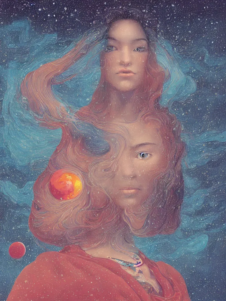 Image similar to a closeup hyperrealistic portrait of a young siberian woman with intricate details, floating in space and dreaming psychedelic hallucinations in the vast icy landscape of antarctica, volcano lava drips in antigravity of the cosmos by kawase hasui, moebius and edward hopper, colorful flat surreal design, hd, 8 k, artstation