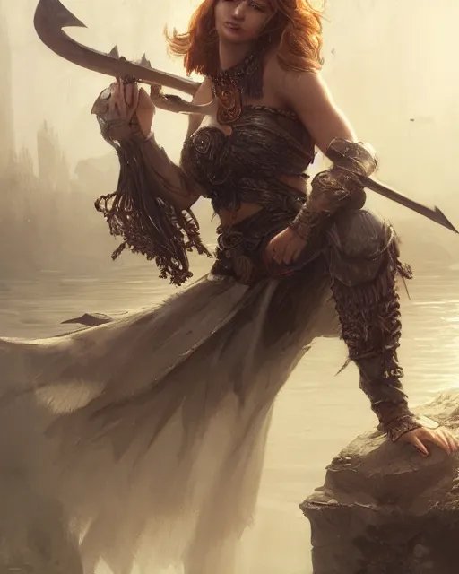 Image similar to A beautiful female warrior posing on a boat, beautiful face, highly detailed face, close-up, fantasy woman, fantasy art, in the style of greg rutkowski, illustration, epic, fantasy, intricate, hyper detailed, artstation, concept art, smooth, sharp focus, ray tracing