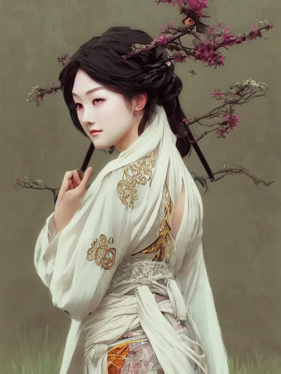 Image similar to beautiful seductive girl wearing hanfu, farm background, fantasy, d & d, dark eyeliner, intricate, elegant, highly detailed, digital painting, artstation, concept art, matte, sharp focus, illustration, art by greg rutkowski and alphonse mucha