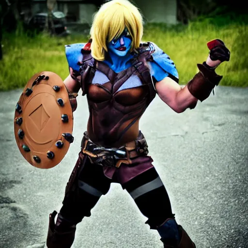 Prompt: cosplayer wearing cosplay based on a combination of he man and skelletor. photography, photo real. photoshoot. full body. action pose. hyper realistic.