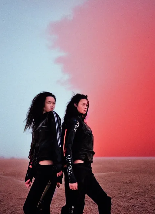 Image similar to cinestill 5 0 d photographic portrait of two loving female androids wearing rugged black techwear on a desolate plain with a red sky, extreme closeup, cyberpunk style, in front of a brutalist dark metal facility, dust storm, 8 k, hd, high resolution, 3 5 mm, f / 3 2, ultra realistic faces, ex machina