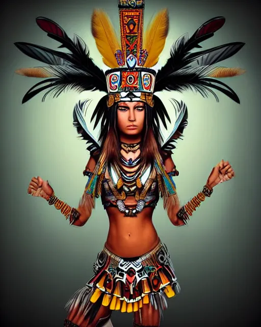 Image similar to character design, aztec warrior goddess with beautiful woman face, crown of very long feathers, full body, glowing aztec tattoos, beautiful, dark fantasy