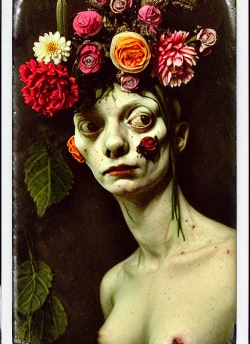 Image similar to beautiful and detailed rotten woman made of plants and many types of stylized flowers like carnation, chrysanthemum, roses and tulips, intricate, surreal, john constable, guy denning, gustave courbet, caravaggio, romero ressendi 1 9 1 0 polaroid photo