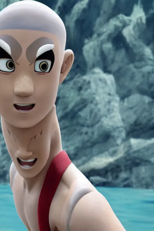 Prompt: close up still shot of aang learning to water bend in a river, from the live action movie the last airbender, 3 5 mm, highly detailed, dynamic lighting