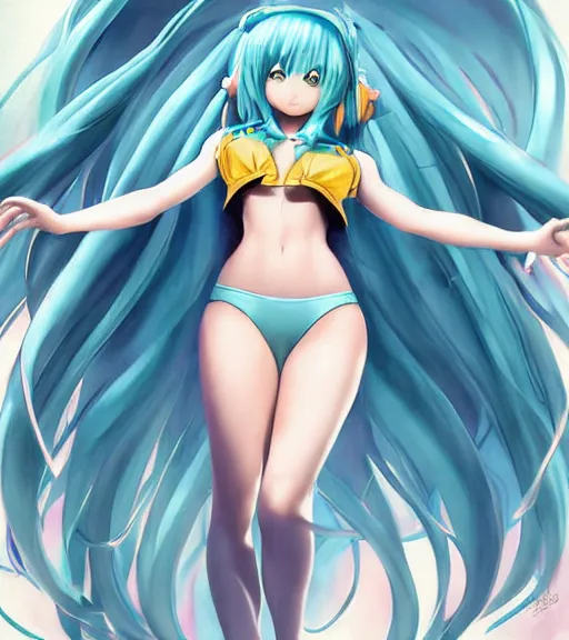 Prompt: Anime art of beautiful Hatsune miku with beautifel legs by artgerm, rossdraws, magali villeneuve, Gil Elvgren, Lois van baarle, Alberto Vargas, Earl Moran,, Art Frahm, Enoch Bolles