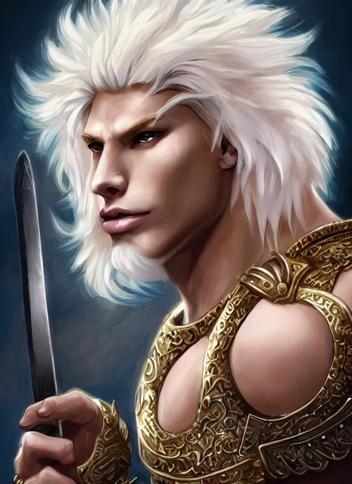 Prompt: aesthetic portrait commission of a of a male fully furry muscular anthro albino lion with a tail and a beautiful attractive hyperdetailed face, wearing ancient roman attractive gladiator outfit while holding a gladiators sword in his hand in a giant roman coliseum at golden hour. Character design by charlie bowater, ross tran, artgerm, and makoto shinkai, detailed, inked, western comic book art, 2021 award winning film poster painting