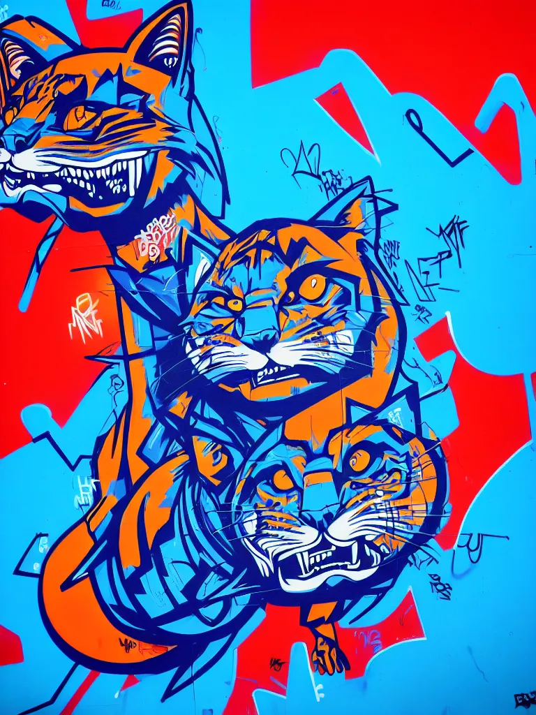 Prompt: graffiti, the animals of hubris, vibrant blue colors, depth, anamorphic illustration, highly detailed, simple, no jagged lines, smooth, artstation, artwork by obey and miss van