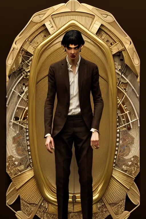 Image similar to ultra realistic, thin man in nice modern clothes, black hair, brown eyes, occult jewelry, fantasy, intricate details, eerie, highly detailed, octane render, 8 k, art by artgerm and alphonse mucha and greg rutkowski