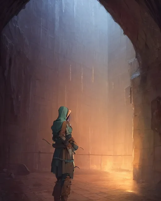 Prompt: a hooded adventurer standing in a dungeon. atmospheric lighting, 8 k. by makoto shinkai, stanley artgerm lau, wlop, rossdraws, james jean, andrei riabovitchev, marc simonetti, krenz cushart, sakimichan, d & d trending on artstation, digital art.