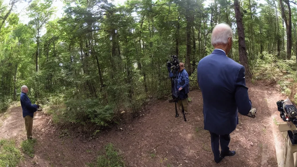 Image similar to trailcam footage of joe biden, fisheye lens,