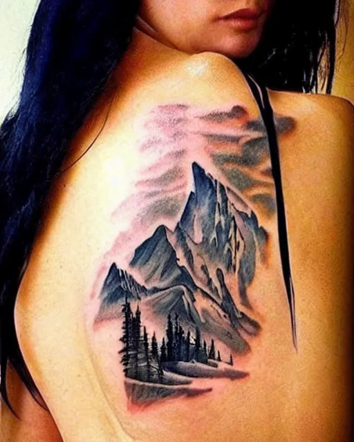 Image similar to creative double exposure effect tattoo design sketch of megan fox with beautiful mountains, realism tattoo, in the style of matteo pasqualin, amazing detail, sharp