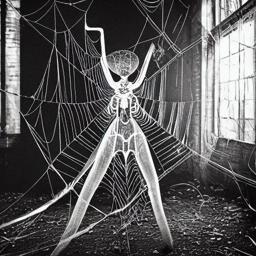 Image similar to 1860 photo of an ancient fractal spider-woman-demon on an abandoned factory on the middle of a forest, spooky , spider webs, devouring the human soul, veins, arteries, intricate, golden ratio, full frame, microscopic, elegant, highly detailed, ornate, ornament, sculpture, elegant , luxury, beautifully lit, ray trace, 3d, PBR