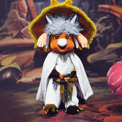 Image similar to dungeons and dragons foxfolk wizard druid as a chibi muppet plush wearing an ethereal star filled mage robe inspired by Aaravos from dragon prince, photorealistic, photography, national geographic, sesame street