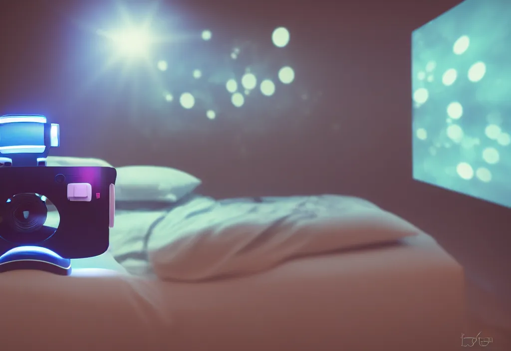 Image similar to 3 d dreams popping out of curved movie screen, volumetric lighting, bedroom, visor, sleeping, pair of keycards on table, bokeh, creterion collection, shot on 7 0 mm, instax
