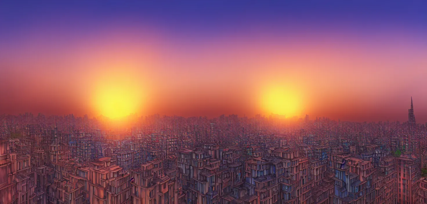 Image similar to studio ghiblli city, sunrise, 8 k denoised, high detail