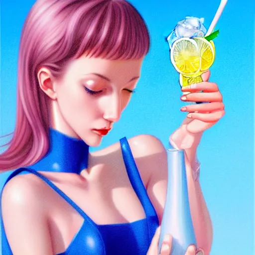 Image similar to a cute girl eating icecreen, long drinks by laura rigo, clouds, blue sky art by peter lloyd, 1 9 8 0's art, airbrush style, art by hajime sorayama,, intricate, elegant, sharp focus, illustration, highly detailed, concept art, matte, sharp focus, illustration, highly detailed, 6 4 0