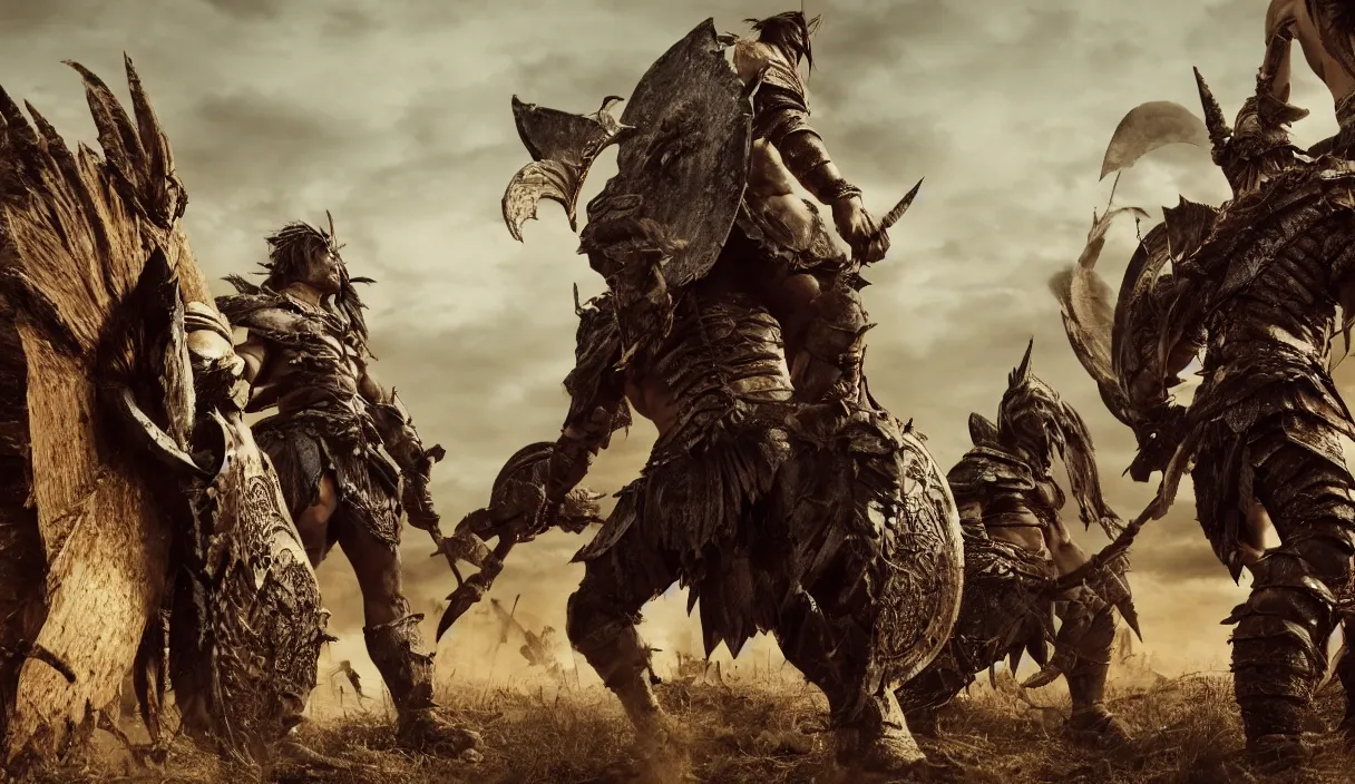 Prompt: long distance photo of two ancient tribesman standing against barbarians, in armor from monster hunter, attacking barbarian horde in the background, back shot, muscular bodies, dramatic lighting, cinematic, establishing shot, extremely high detail, photorealistic, 300 the movie,monster hunter the movie, monster hunter, cinematic lighting, artstation, octane render, western,old photo, vintage