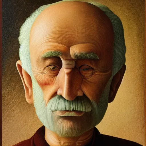 Image similar to detailing character portrait painting of old man by Grant Wood, on simple background, painting, middle close up composition