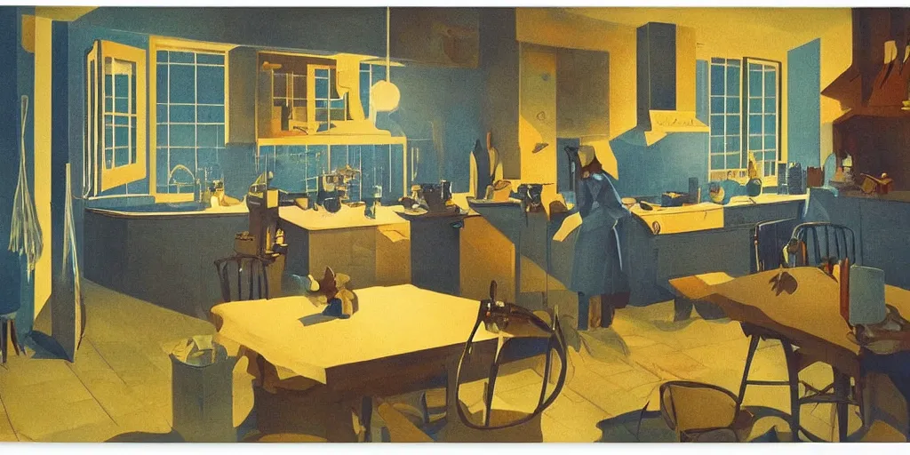 Prompt: weird perspective epic illustration of a kitchen dim lit by 1 candle in a scenic environment by Herbert Bayer