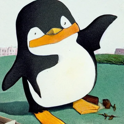 Image similar to a cute penguin holding a briefcase, photorealistic storybook illustration, Beatrix Potter