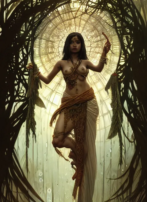 Image similar to kuntilanak on bayan tree, d & d, wet, shiny, fantasy, intricate, elegant, higly detailed, dramatically art, ultra definition, digital painting, artstation, concept art, smooth, sharp focus, illustration, art by artgerm and greg rutkowski and alphonse mucha and garis edelweiss and alex flores