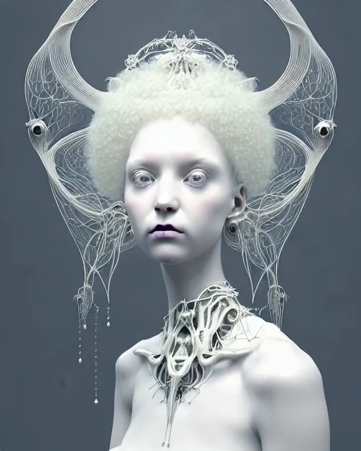 Image similar to dreamy foggy soft luminous bw 3 d octane render, beautiful spiritual angelic biomechanical mandelbrot fractal albino girl cyborg with a porcelain profile face, very long neck, halo, white smoke, rim light, big leaves and stems, fine foliage lace, alexander mcqueen, art nouveau fashion pearl embroidered collar, steampunk, silver filigree details, hexagonal mesh wire, elegant