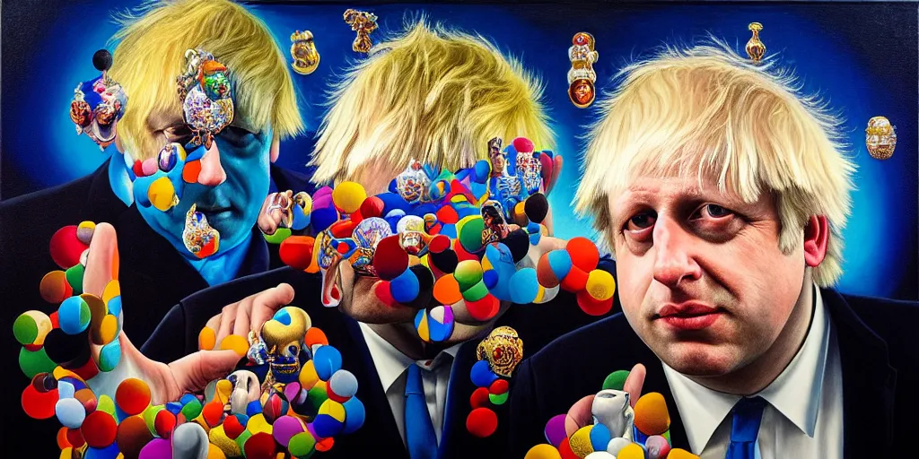 Image similar to rishi sunak and boris johnson in heaven, abstract oil painting by gottfried helnwein pablo amaringo raqib shaw zeiss lens sharp focus high contrast chiaroscuro gold complex intricate bejeweled