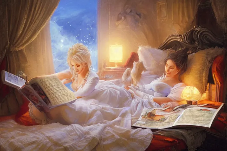 Prompt: portrait of dolly parton reading a bedtime story in bed, an oil painting by ross tran and thomas kincade