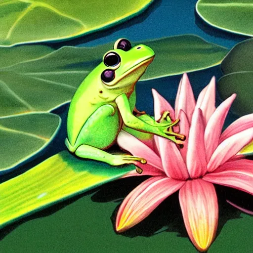 Prompt: cute children’s book illustration of a frog on a lily pad in a pond