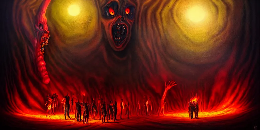 Image similar to repressed emotion creatures and monsters at the mouth of hell, dramatic lighting glow from giant fire, attempting to escape and start a revolution, in a dark surreal painting by ronny khalil