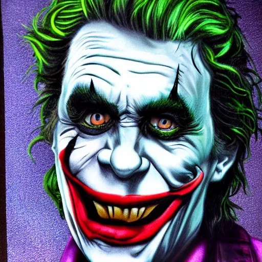 Prompt: the joker airbrush drawing, in the style of greg rutowski, hyper detailed