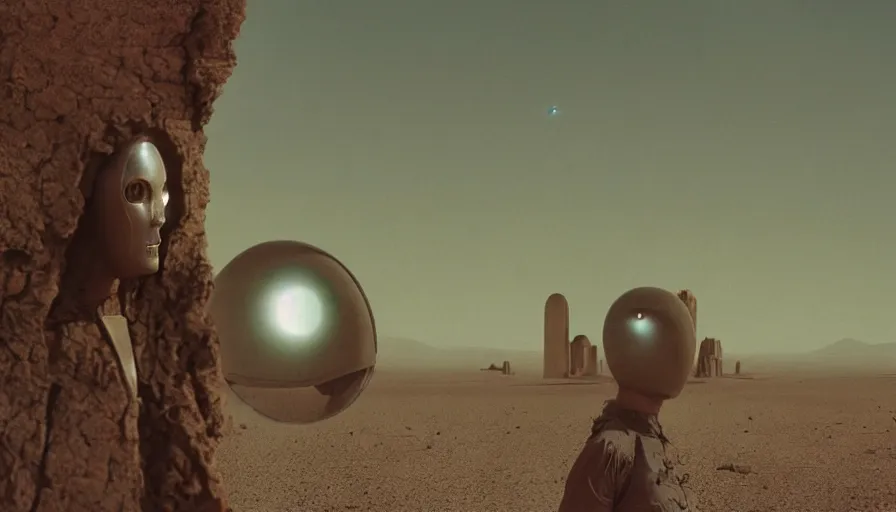 Image similar to levitating bene gesserit reflecting mask in a dry rocky desert landscape, alien city ruins designed by giger, giant abandoned alien city by christopher doyle and alejandro jodorowsky, anamorphic lens, kodakchrome, cinematic composition, very detailed photo, 8 k