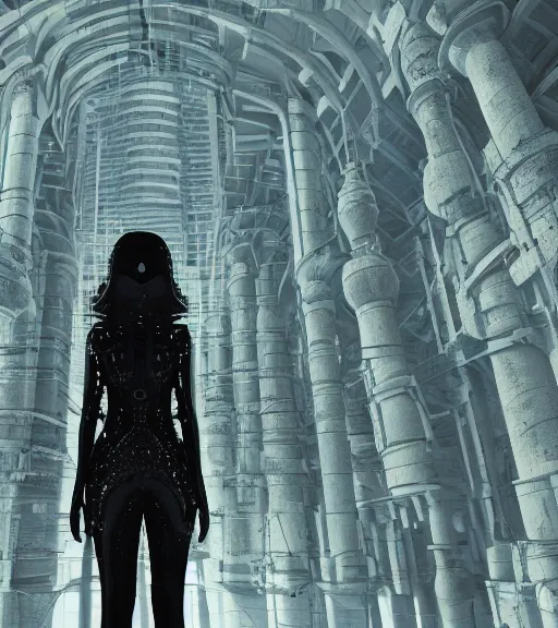 Prompt: canon photo of tarkovsky greatest scene, aura of the ancient destroyed majestic tower of babylon, a woman in futuristic cyber clothing, transparent puffer jacket, hyperealistic, blockchain, cyber world, ambient lighting, concept art, intricate, hyper detailed, smooth, dynamic volumetric lighting, ocatane, ray trace, cinematic, high quality, cgsociety