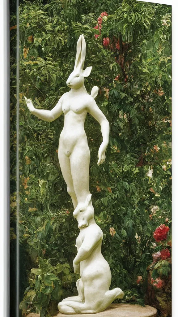 Image similar to a huge rabbit god statue beside a persian pot in botanical room by john singer sargent