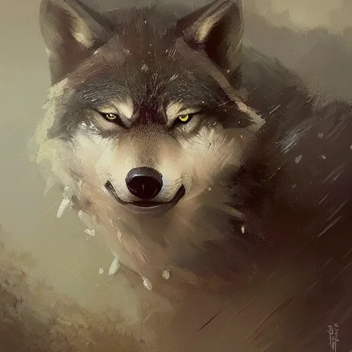 Prompt: High quality painting of a wolf by Greg Rutkowski and Thomas Kinkade trending on artstation