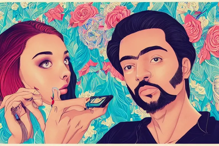Prompt: a hispanic white girl with medium length 4 b hair, and a short - bearded mixed race man with short 4 a hair, in love selfie, tristan eaton, victo ngai, artgerm, rhads, ross draws
