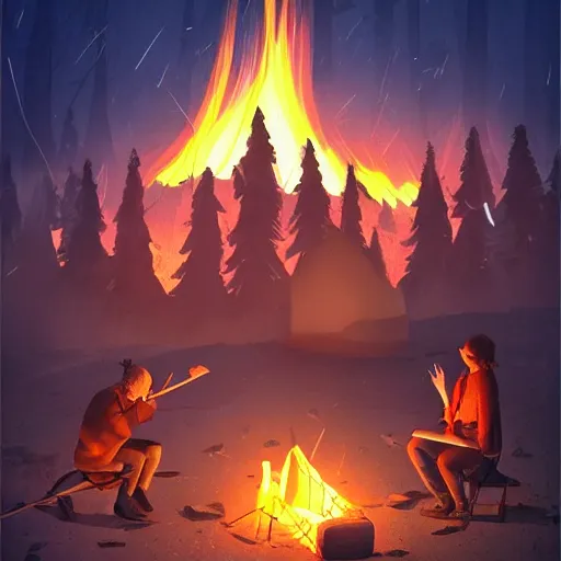 Prompt: campfire in the night, without people, stylized, artgerm, artstation, hd, cgsociety, cgi, realistic, dramatic, cinematic, artistic, trending, detailed