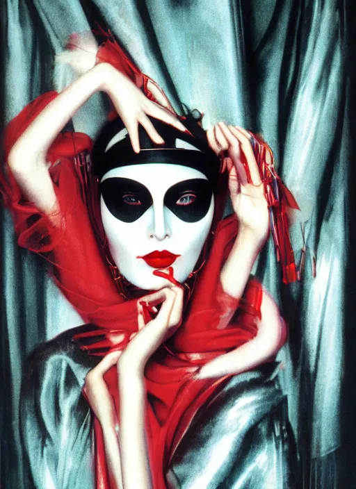 Image similar to an 8 0 s portrait of a woman with dark eye - shadow and red lips with dark slicked back hair, a mask made of wire and beads, dreaming acid - fueled hallucinations by serge lutens, rolf armstrong, delphin enjolras, peter elson, red cloth background