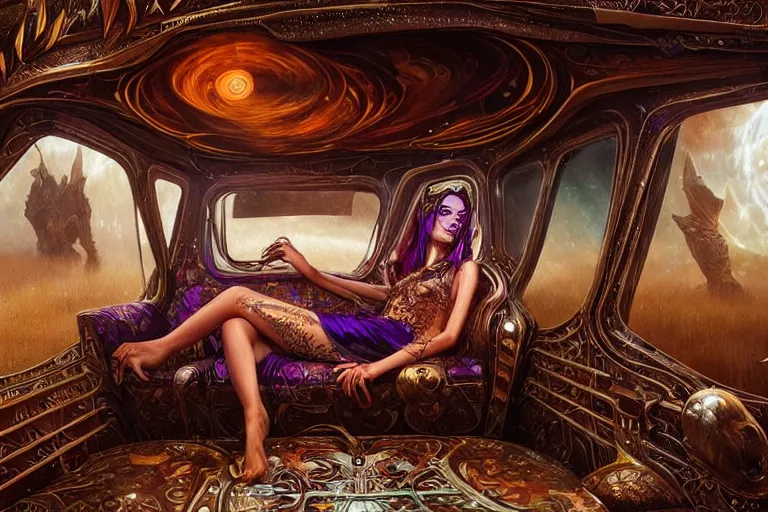 Image similar to a futuristic sci - fi neo - gypsy caravan, decorated polished wood, lace and velvet and silk material, volume light, hyper realistic highly detailed 4 k by karol bak