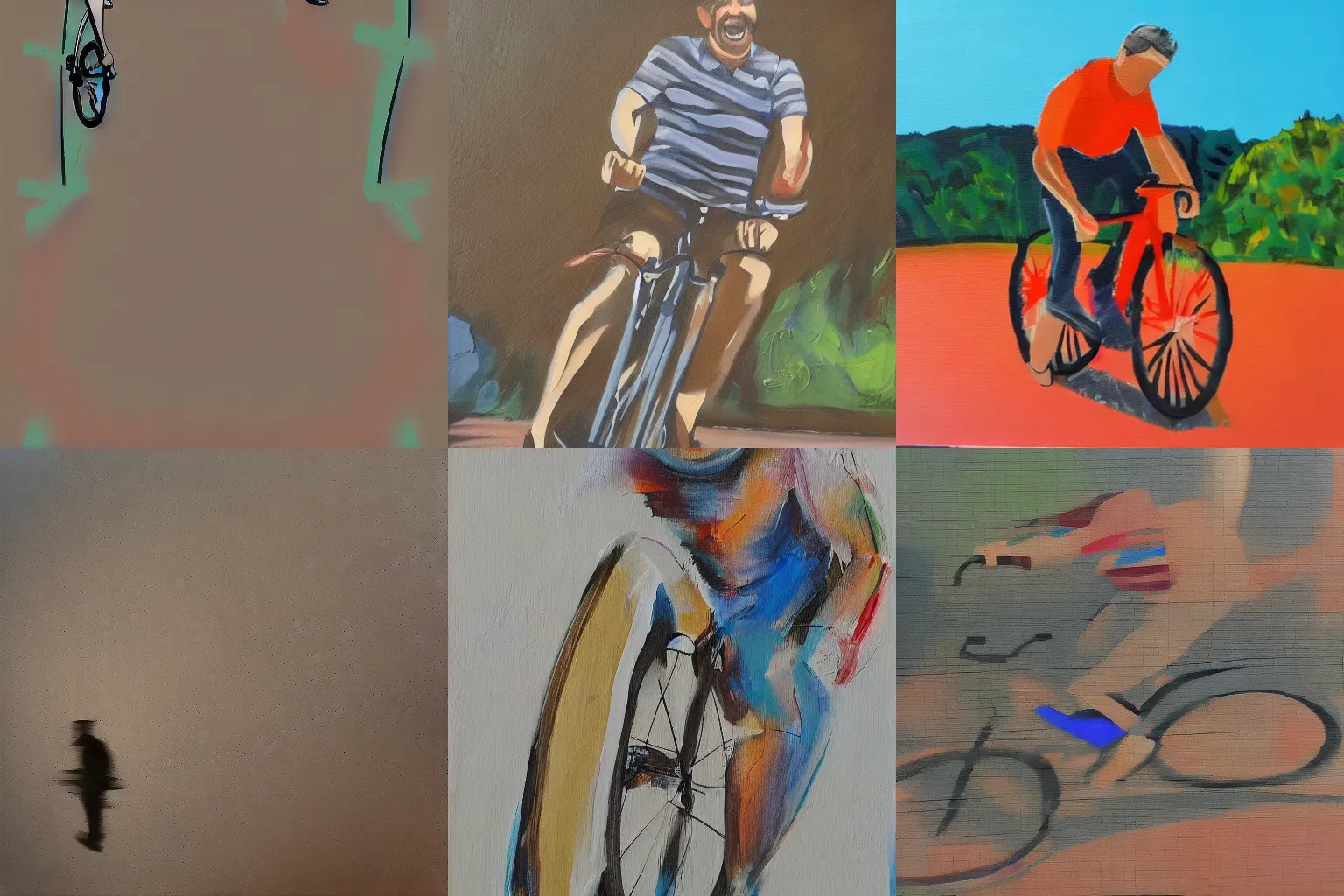 Prompt: A man riding a bicycle action shot, subject is smiling, acrylic painting
