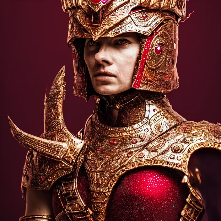 Prompt: full length photo of a beautiful strong warrior queen wearing ruby encrusted armour, highly detailed, 4 k, hdr, smooth, sharp focus, high resolution, award - winning photo