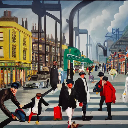 Prompt: oil painting of mornington crescent, rain in the southeast, men wearing bowler hats, kids with spats on their shoes, ladies with chauffeurs, dogs wearing hats and jackets, rich apartments, old punk posters, tartan garments, by neo rauch, by peter blake