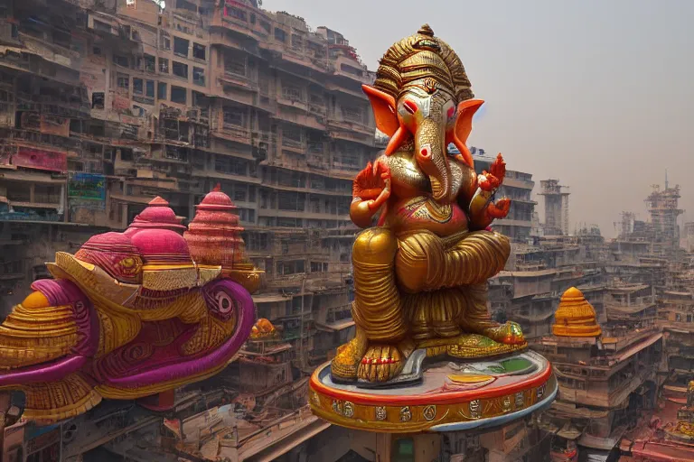 Image similar to beautiful futuristic new delhi, sharp sci - fi ganesha!! building, kalighat flowers, highly detailed cinematic, stephen shore & john j. park, soft morning light, wide shot, high angle, uhd 8 k, shallow depth of field