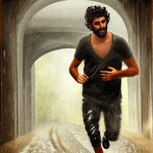 Prompt: italian tall young man with short curly hair and beard, running under a bridge of stone while it rains heavily, romantic view, extremely detailed, digital painting, trending on deviantart