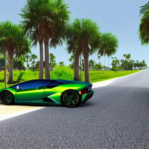 Image similar to first person lamborghini view at a sunny day in florida realistic match the lighting